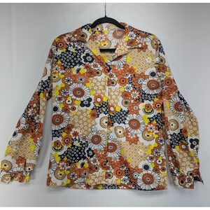 Vintage Lanie J 70s Floral Button Up Blouse Orange Yellow Disco Top